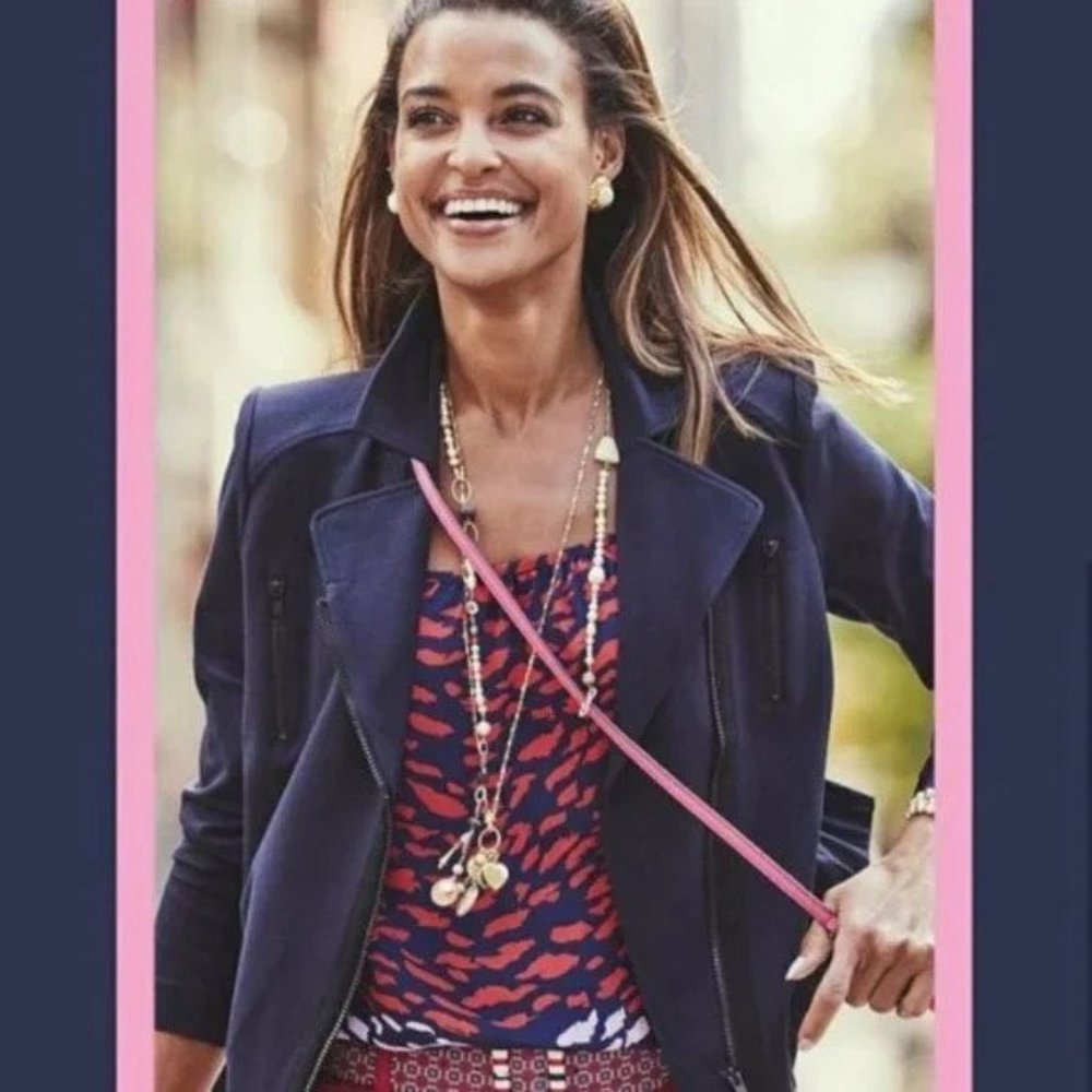 Cabi Chance Navy Blue Asymmetrical Zip Moto Jacket Women's Large 5476